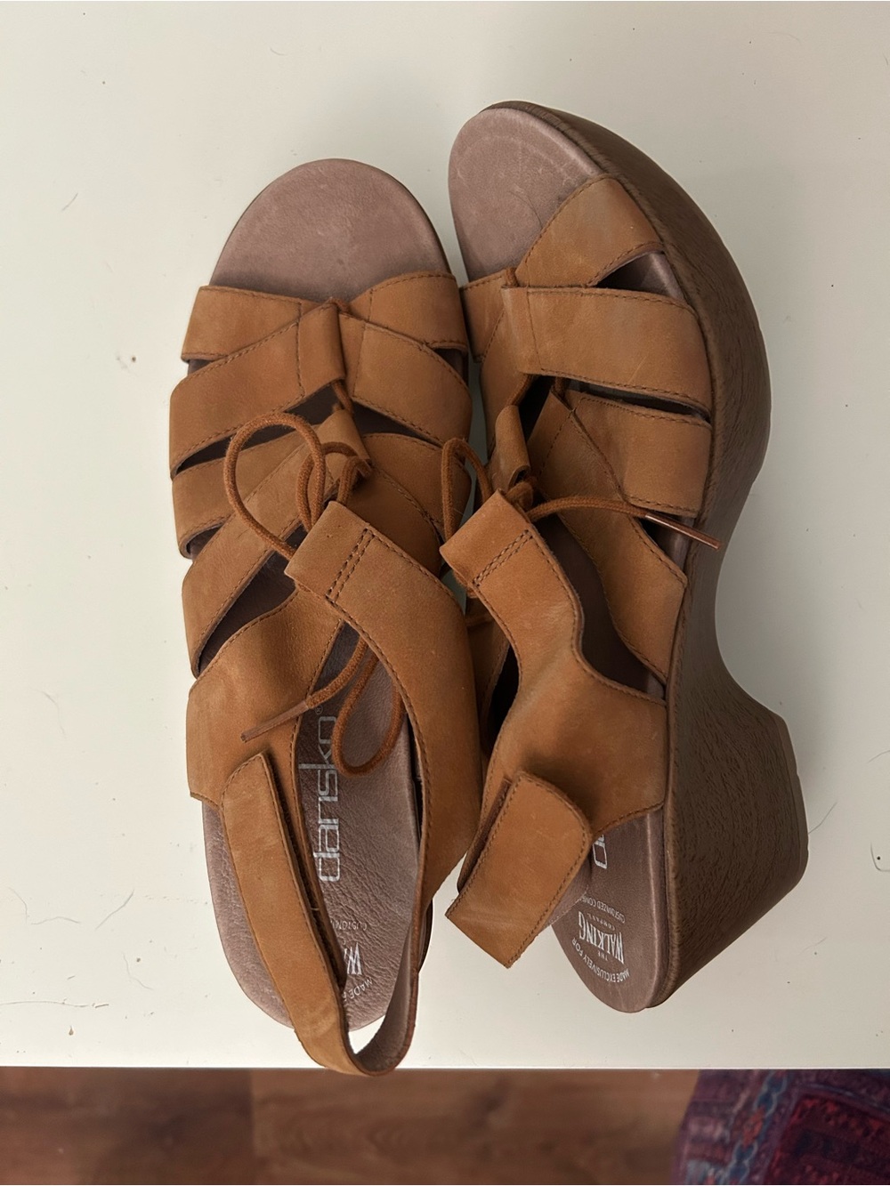 Dansko Lace-up Tan Leather Wedge Sandals